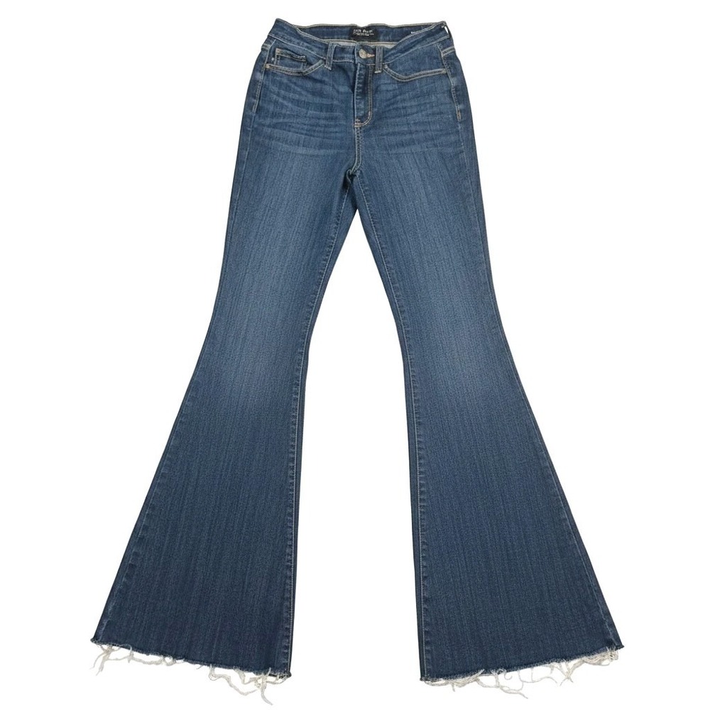 Judy Blue Flare Jeans Mid Rise Dark Wash Raw Hem Stretch Denim Size 3/26 (27x33)